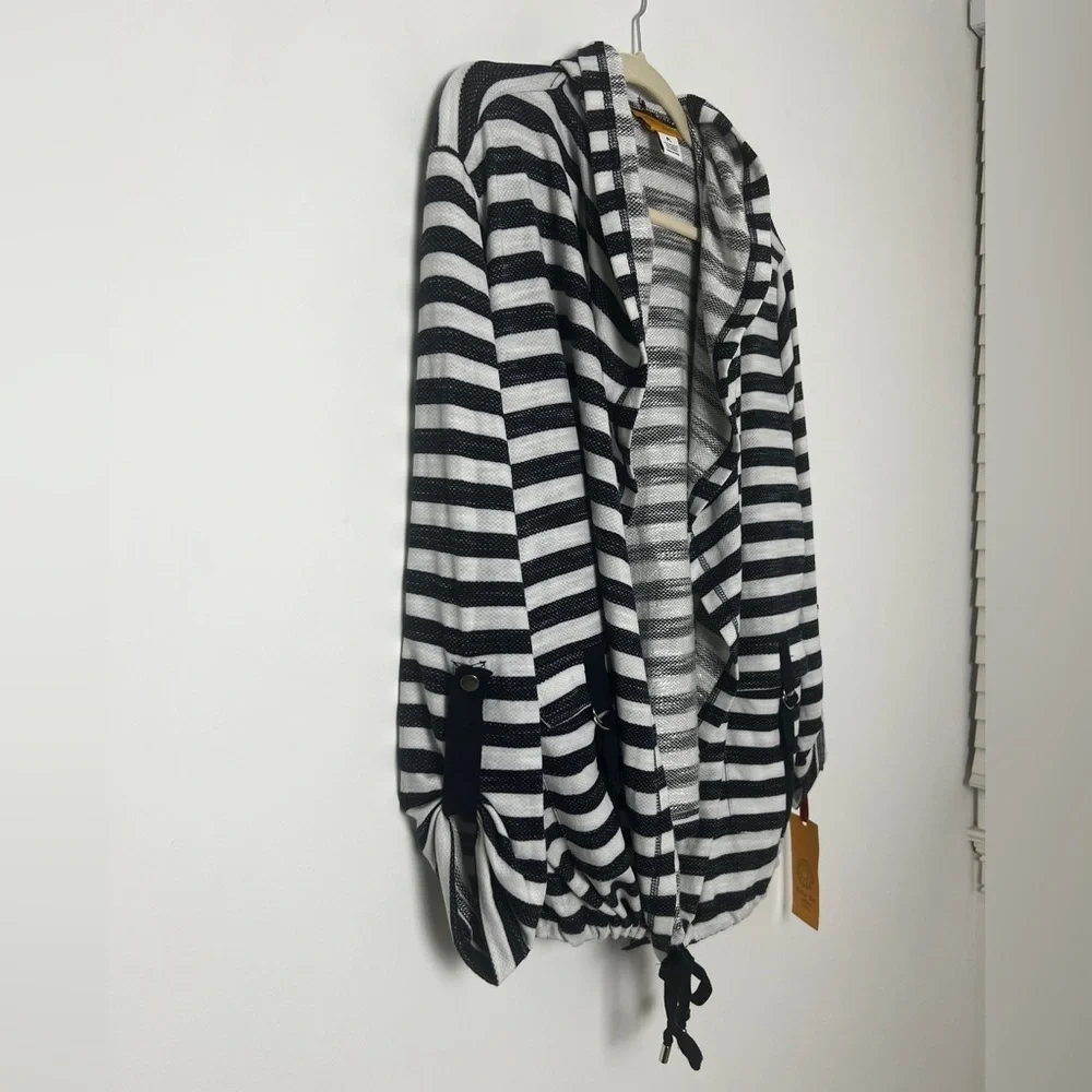 NEW Ruby Rd. Petite White & Navy‎ Nautical Stripe Hooded Open Coverup  Cardigan